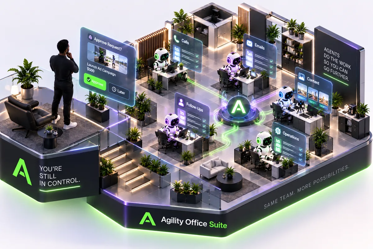 A business owner reviewing an approval while AI agents work in their office